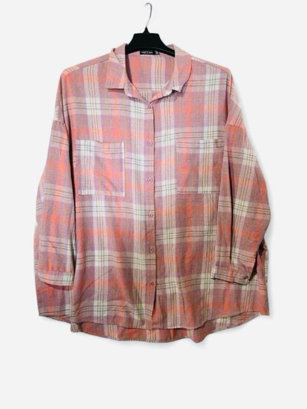 Nasty Gal Pink Orange Plaid Button-Down Shirt